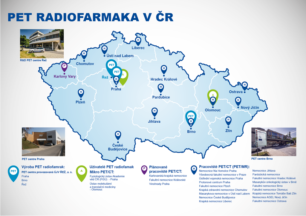 PET radiofarmaka v ČR - mapa výrobních PET center a pracovišť nukleární medicíny